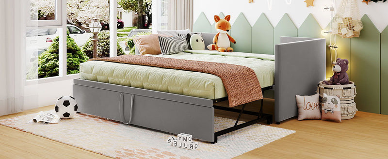 Twin size upholstered daybed with pop-up trundle from Halcyon Home, featuring soft fabric and contemporary design.