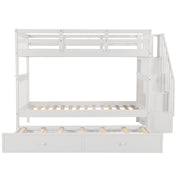 DreamHaus stairway bunk bed with built-in storage compartments and safety guard rail in a bedroom setting.