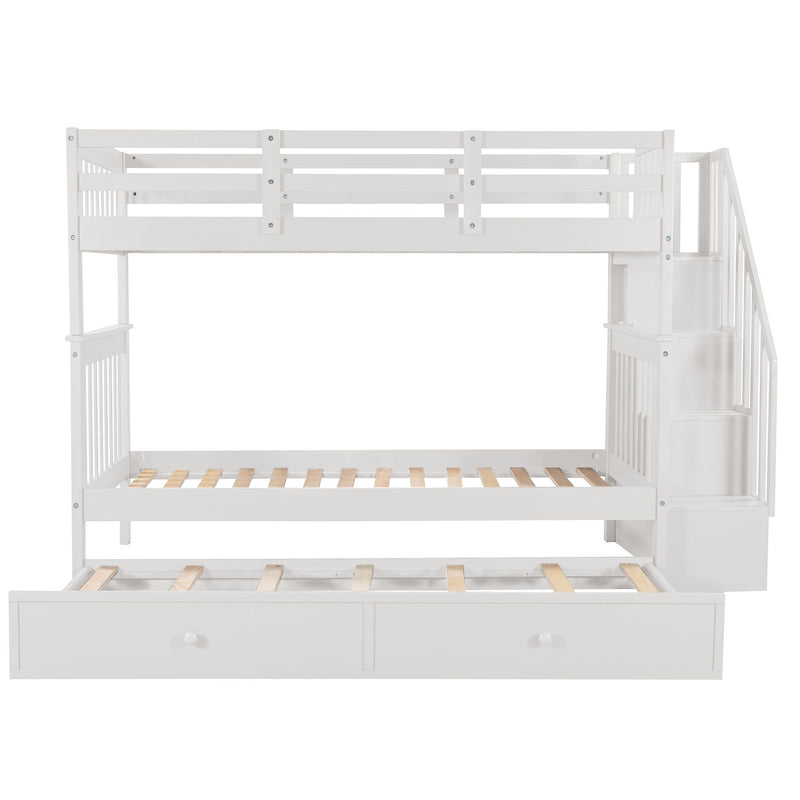 DreamHaus stairway bunk bed with built-in storage compartments and safety guard rail in a bedroom setting.