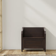 Simpli-Home Connaught storage bench with wooden finish and cushioned top, ideal for entryway or living room seating and storage.