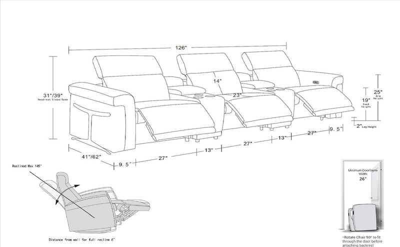 1126 - 5-Piece Modular Power Reclining Sofa In With 3 Power Recliners & Power Headrests