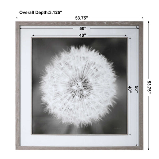 Framed black print of dandelion seedhead artwork by Uttermost, featuring delicate seed details on a neutral background.