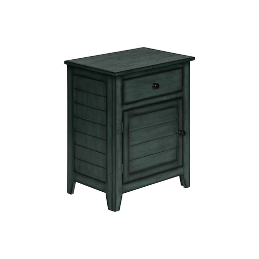 Blue accent table with storage drawer from 8th Street, featuring a modern design and smooth surface.