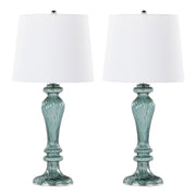 Pair of Lumi Source Windsor contemporary table lamps with clear turquoise and off-white shades, set of 2, on a modern side table.