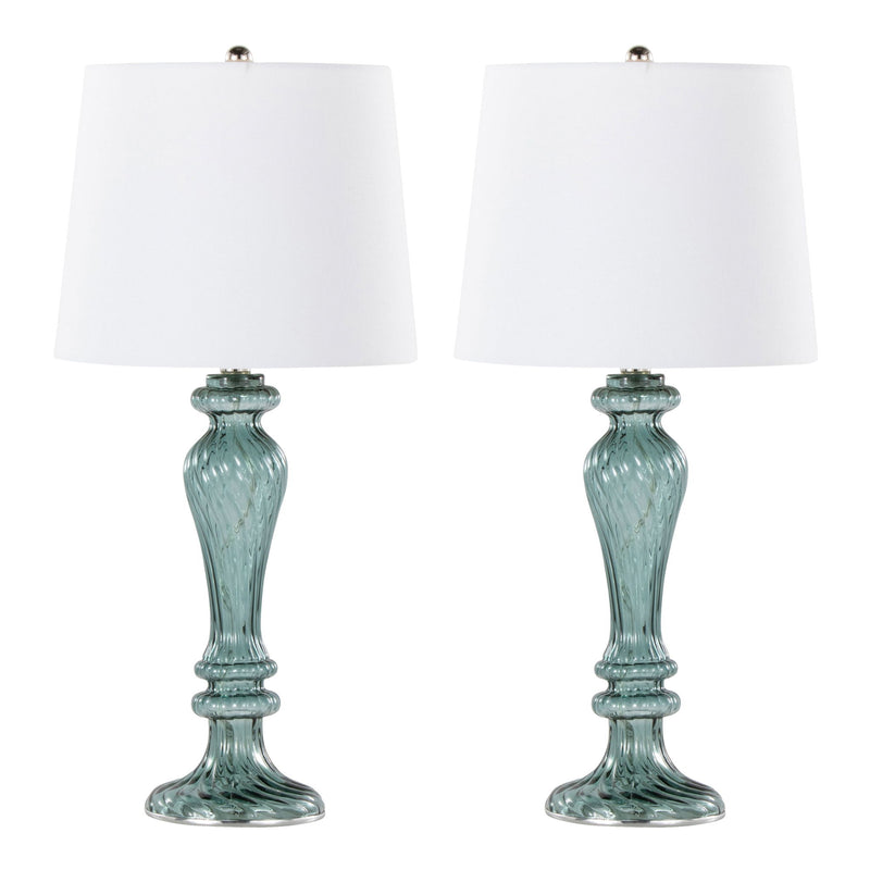 Pair of Lumi Source Windsor contemporary table lamps with clear turquoise and off-white shades, set of 2, on a modern side table.