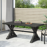 Modern Noble House outdoor dining table with X-shaped legs and umbrella hole, ideal for backyard or patio dining setups.