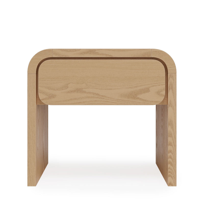 Modus Elora 1-Drawer Timber Nightstand with sleek design and natural wood finish, featuring a single drawer and modern style.