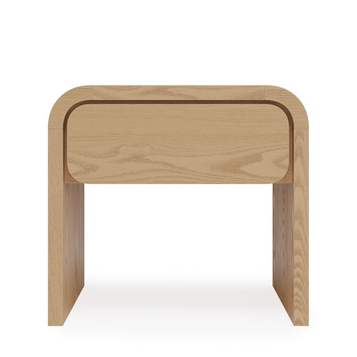 Modus Elora 1-Drawer Timber Nightstand with sleek design and natural wood finish, featuring a single drawer and modern style.