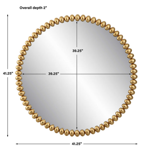 Gold Byzantine round wall mirror with ornate frame, decorative design, and reflective glass, by Uttermost.
