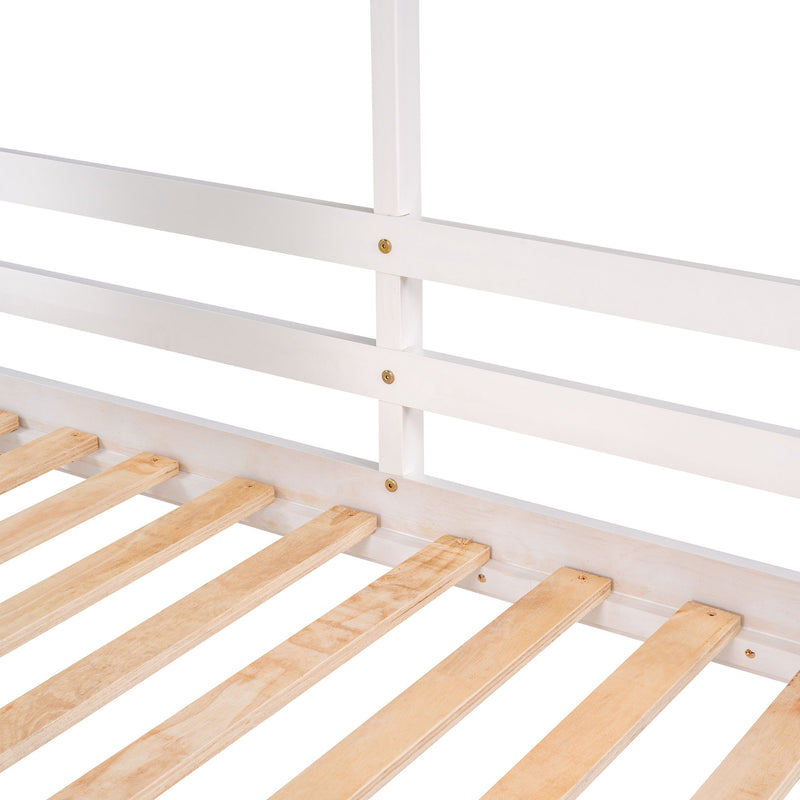 DreamHaus wooden bunk bed with roof, window, guardrail, and ladder, featuring a sturdy structure and cozy sleeping space.