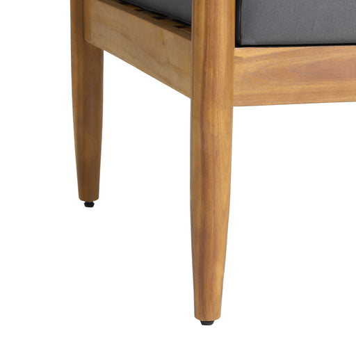 Dark gray outdoor club arm chair with teak acacia wood frame, Noble House patio chair for outdoor relaxation and seating.