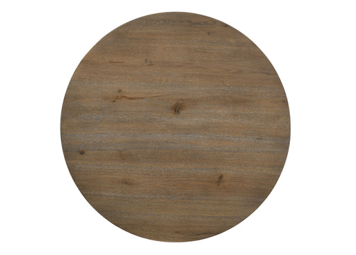 Lilola Home Brutus 5-piece dining set with vintage walnut finish, includes wide round table and wheat-colored chairs.