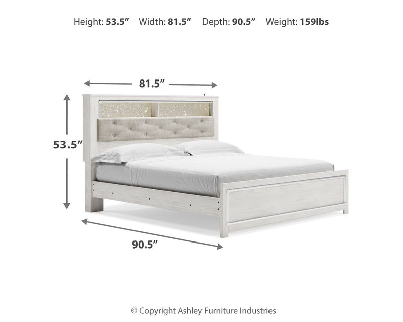 White Altyra King Upholstered Storage Bed by Signature Design Ashley with built-in drawers and plush upholstered headboard.