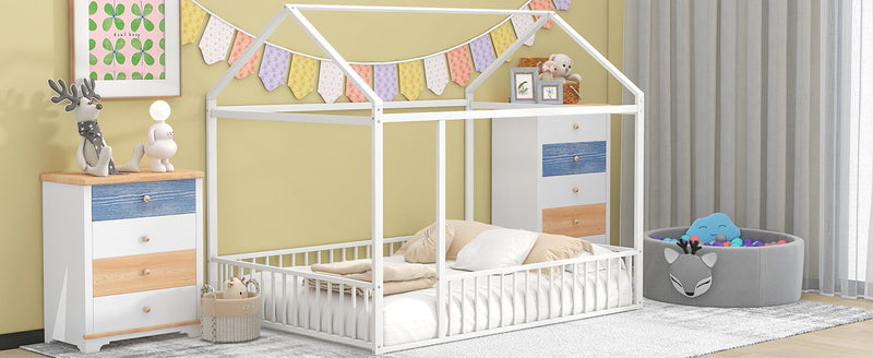 Metal house canopy bed frame with fence, durable metal construction, ideal for children's bedrooms, by Halcyon Home.