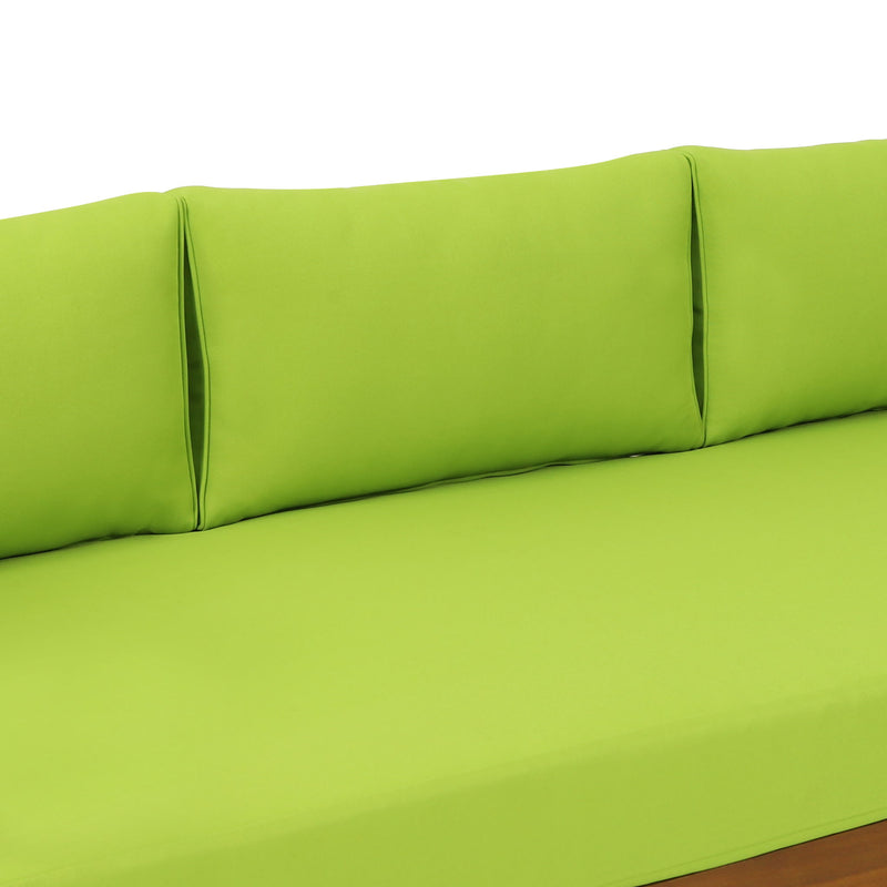 Noble House Claremont 3-seater teak acacia wood daybed sofa with water-resistant cushions for outdoor relaxation.