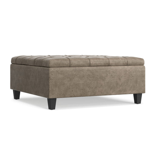 Brown Harrison square coffee table ottoman by Simpli-Home with wooden finish and cushioned top, versatile living room furniture.