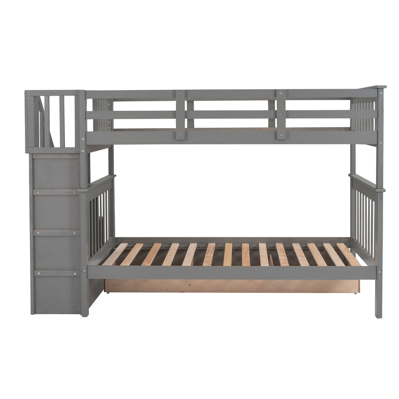 DreamHaus stairway bunk bed with built-in storage, guard rails, and sturdy wooden frame for kids' bedroom.