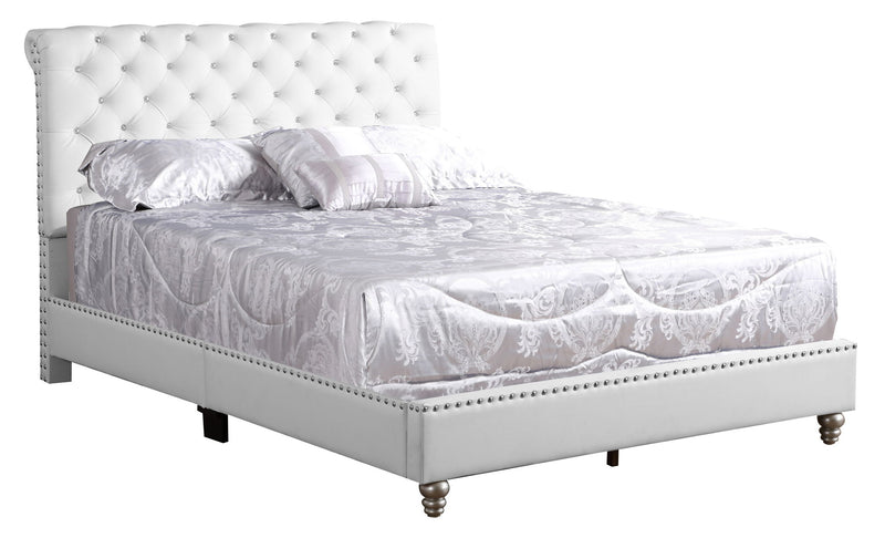Elegant transitional upholstered bed by Glory Furniture with soft fabric headboard and sleek design in a bedroom setting.