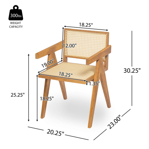 Set of 2 Noble House Chandigarh arm dining chairs with natural cane backs and wooden frames, showcasing elegant and comfortable seating.