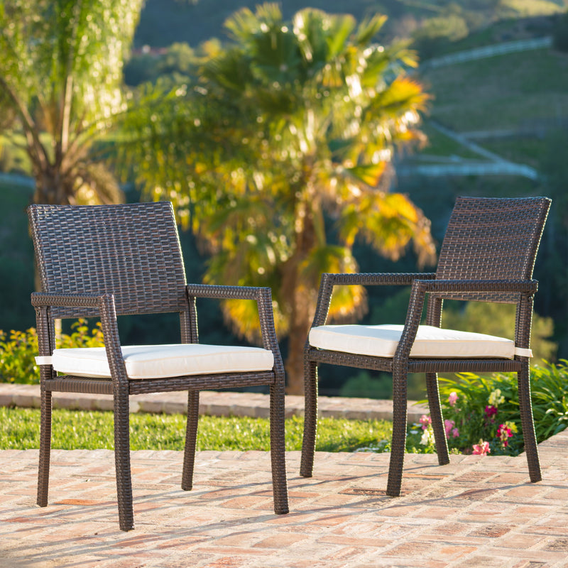 Outdoor Wicker Dining Chair With Water Resistant Cushions (Set of 2) - White / Brown - R&R Furniture Gallery (Fountain Valley, CA)