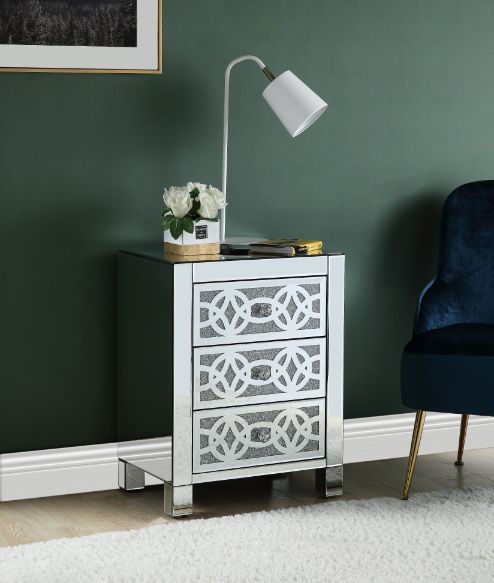 Noralie - Accent Table With 3 Drawers - Mirrored & Faux Diamonds - R&R Furniture Gallery (Fountain Valley, CA)