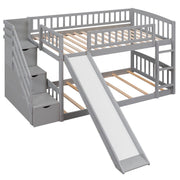 Gray DreamHaus twin over twin bunk bed with stairway, built-in drawers, and slide, ideal for space-saving bedroom furniture.