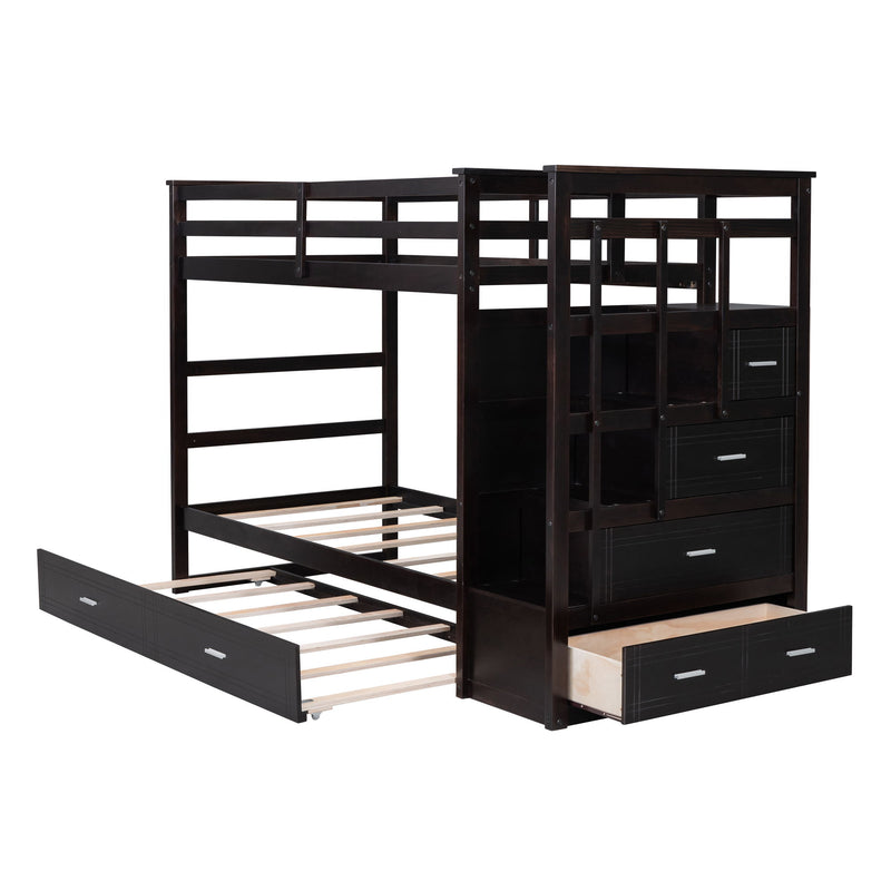 DreamHaus bunk bed with trundle and staircase, featuring sturdy wood frame, twin beds, and built-in storage for kids' bedroom.