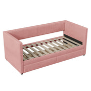 Halcyon Home storage bed with two drawers and wood slat design, showcasing the sturdy frame and functional storage features.