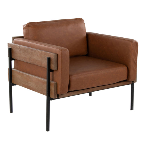 Lumi Source Kari farmhouse design accent chair with wooden legs and upholstered seat in neutral fabric.
