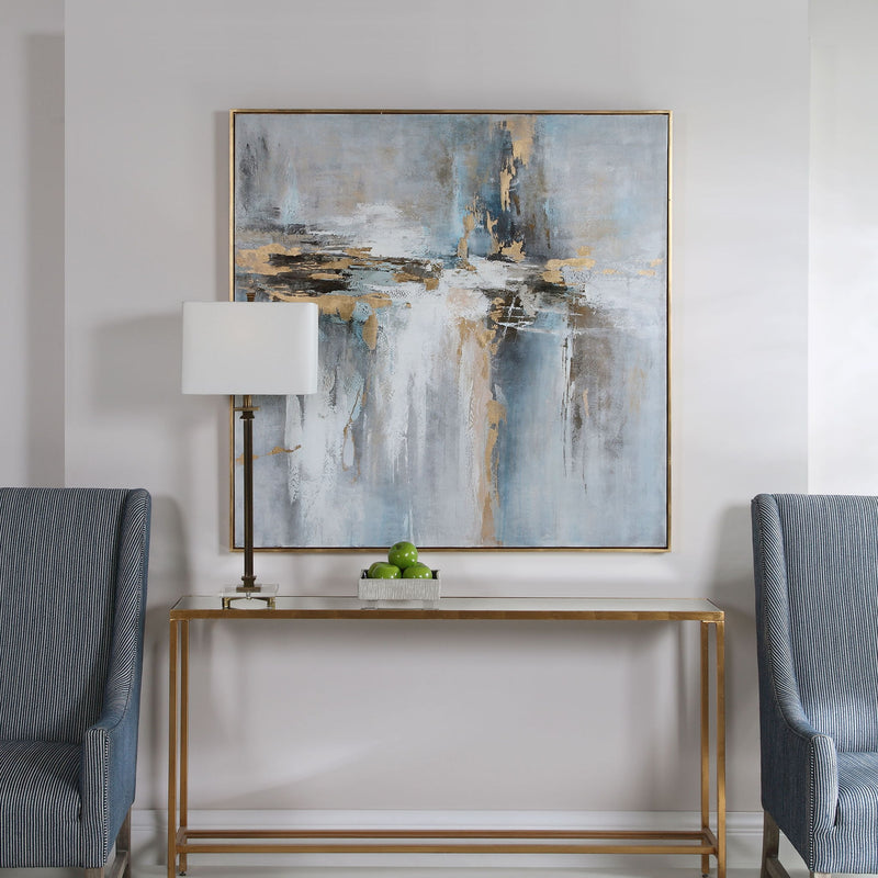 Abstract blue canvas art titled "Road Less Traveled" by Uttermost, featuring vibrant brushstrokes and modern design.