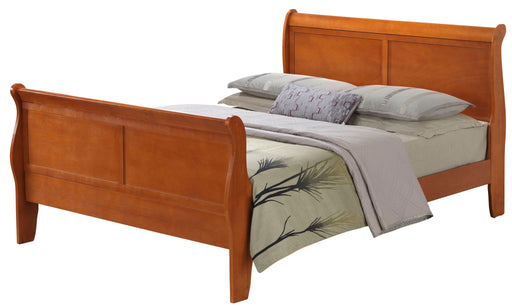 Glory Furniture panel sleigh bed with curved headboard and footboard in a classic wooden design, shown in a well-lit bedroom setting.