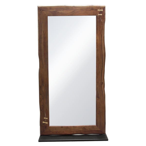Vista Solid Acacia Wood Mirror w/ Live Edge in Walnut Finish w/ Gold Inlay & Black Self-Supporting Stand by Diamond Sofa