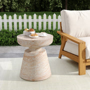 Lightweight beige concrete side table with travertine top, suitable for outdoor and indoor use, by Noble House.