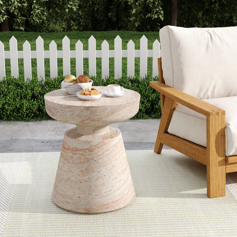 Lightweight beige concrete side table with travertine top, suitable for outdoor and indoor use, by Noble House.