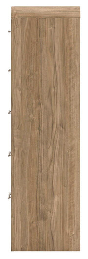 Warm natural brown five-drawer accent chest by Signature Design by Ashley®, featuring a sleek wood finish and modern hardware.