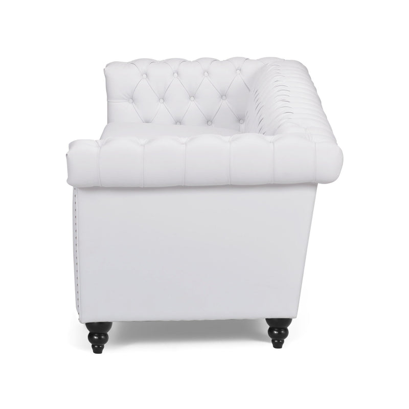 Noble House Chesterfield style 3-seater sofa with deep button tufting, stationary design, upholstered in elegant fabric.