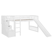 DreamHaus loft stairway bed with two drawers, convertible ladder, and slide, showcasing a modern wooden frame and playful design.