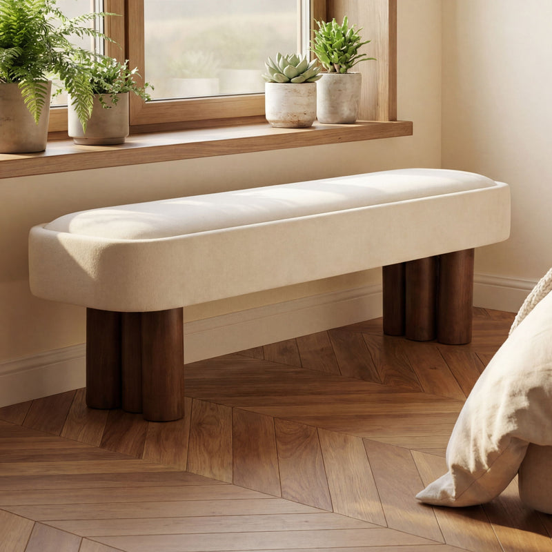 Noble House indoor upholstered dining bench with beige fabric and wooden legs, ideal for modern dining room seating.