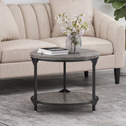 Gray Noble House coffee table with a wood-patterned tabletop and black iron frame, modern design for living room decor.