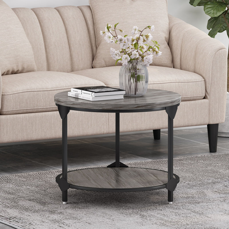 Gray Noble House coffee table with a wood-patterned tabletop and black iron frame, modern design for living room decor.