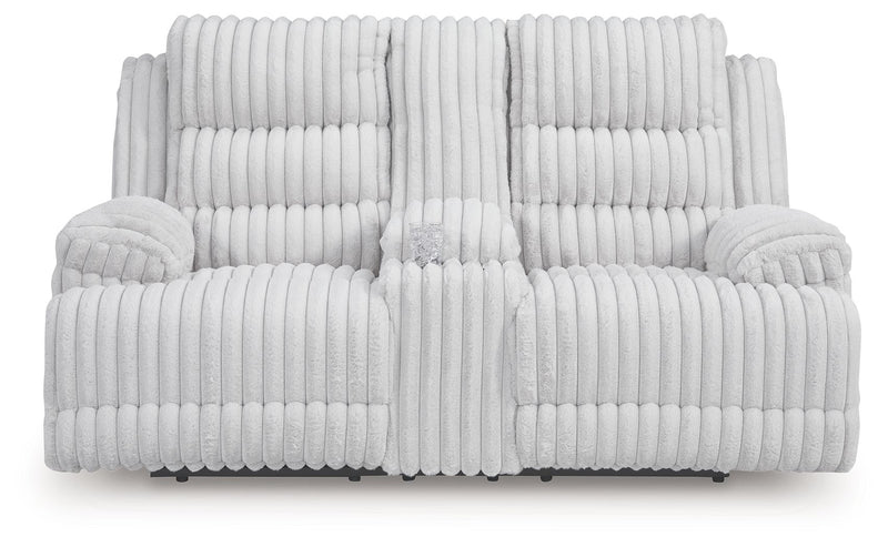 Rhines Falls - Double Reclining Power Loveseat With Console - Alloy - R&R Furniture Gallery (Fountain Valley, CA)