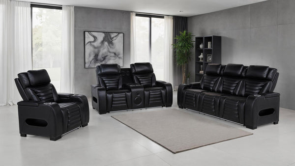 Zuma 3-piece Faux Leather Dual Power LED Sofa Set Black