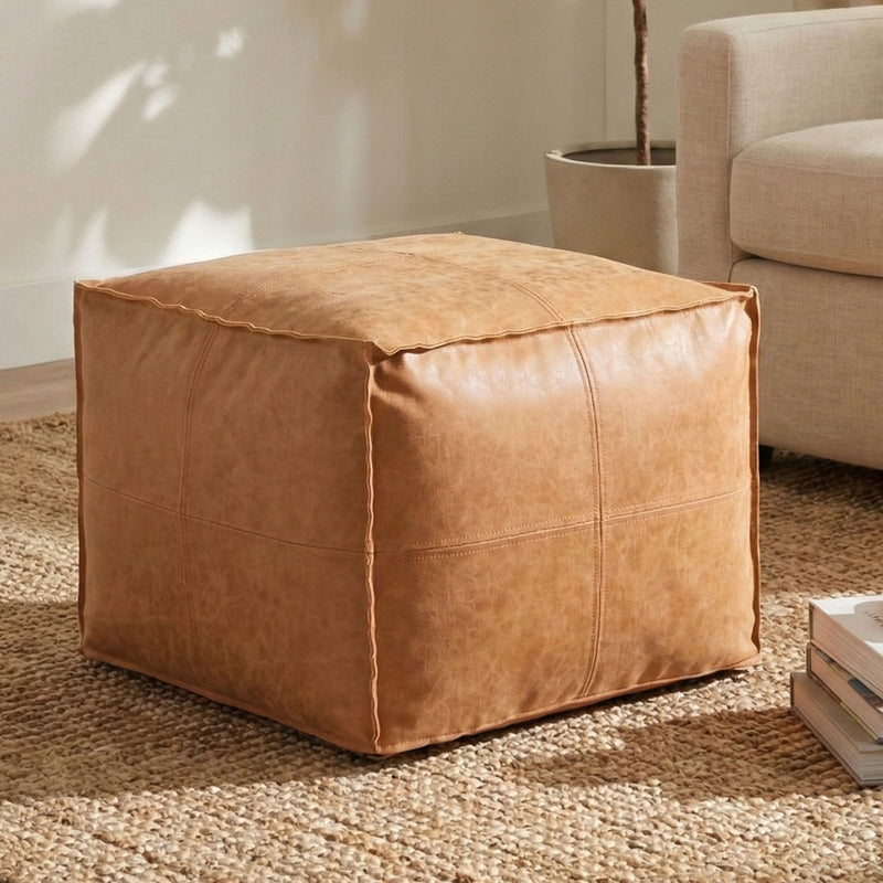 Simpli-Home Brody versatile square accent pouf with soft fabric upholstery and modern design for living room or seating area.