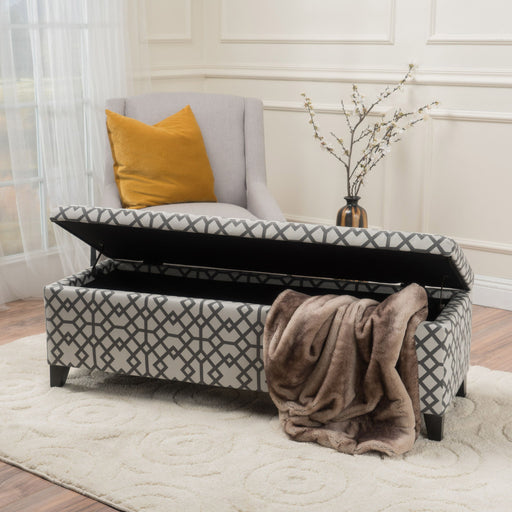 Quotient - Upholstered Storage Ottoman With Tapered Block Feet - Gray / White - R&R Furniture Gallery (Fountain Valley, CA)