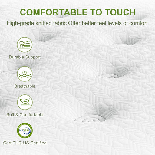 12-inch hybrid mattress by Somnus Mattress USA featuring gel memory foam and pocket springs, shown with plush fabric cover.