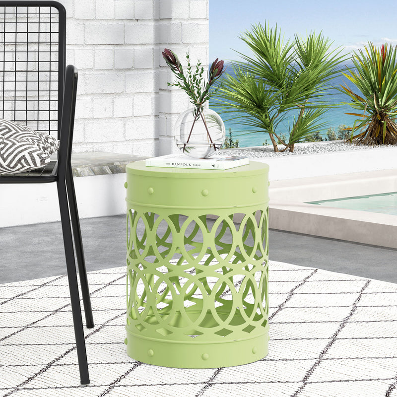 Large outdoor metal end table with modern design by Noble House, featuring a sleek, sturdy frame and stylish surface.