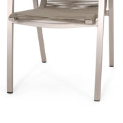 Modern outdoor aluminum dining chair set with rope sea design, includes two Noble House chairs with sleek frames and woven seating.