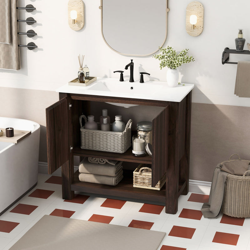 Modern Bathroom Vanity With Rectangle Ceramic Sink, Soft Closing Doors - R&R Furniture Gallery (Fountain Valley, CA)