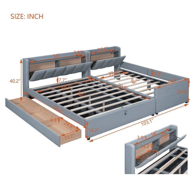 Upholstered Mother & Child Bed With Hydraulic Storage System, Drawer Box, Bedhead Storage Shelf And 2 Pairs Of Sockets & USB Ports - R&R Furniture Gallery (Fountain Valley, CA)
