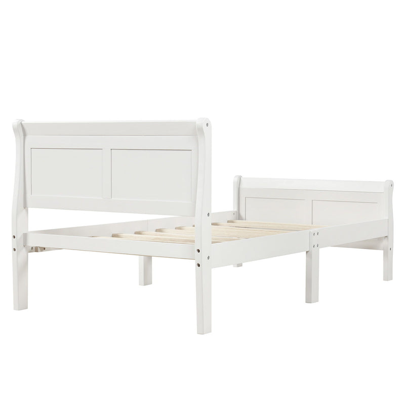DreamHaus platform bed frame with sleigh design, wooden slat support, and matching headboard and footboard for a stylish bedroom.